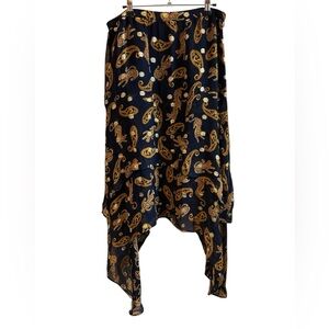 Anthropologie Farm RIO Navy & Gold Paisley Asymmetrical Hem Skirt. EUC